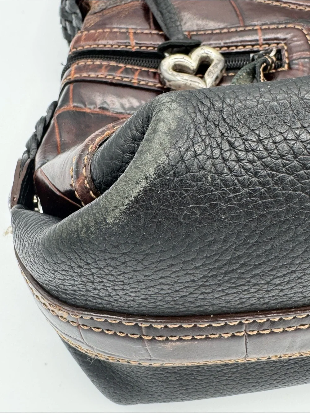 Brighton Vintage Black Leather Croc Embossed Metal Scrollwork Hobo Shoulder Bag